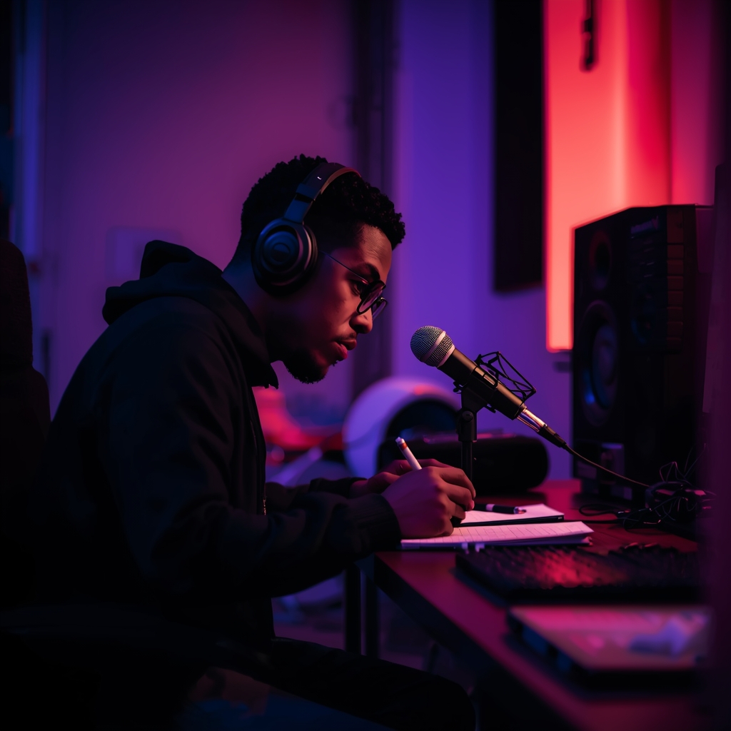 Rapper independente escrevendo letra dentro de estúdio de produção musical