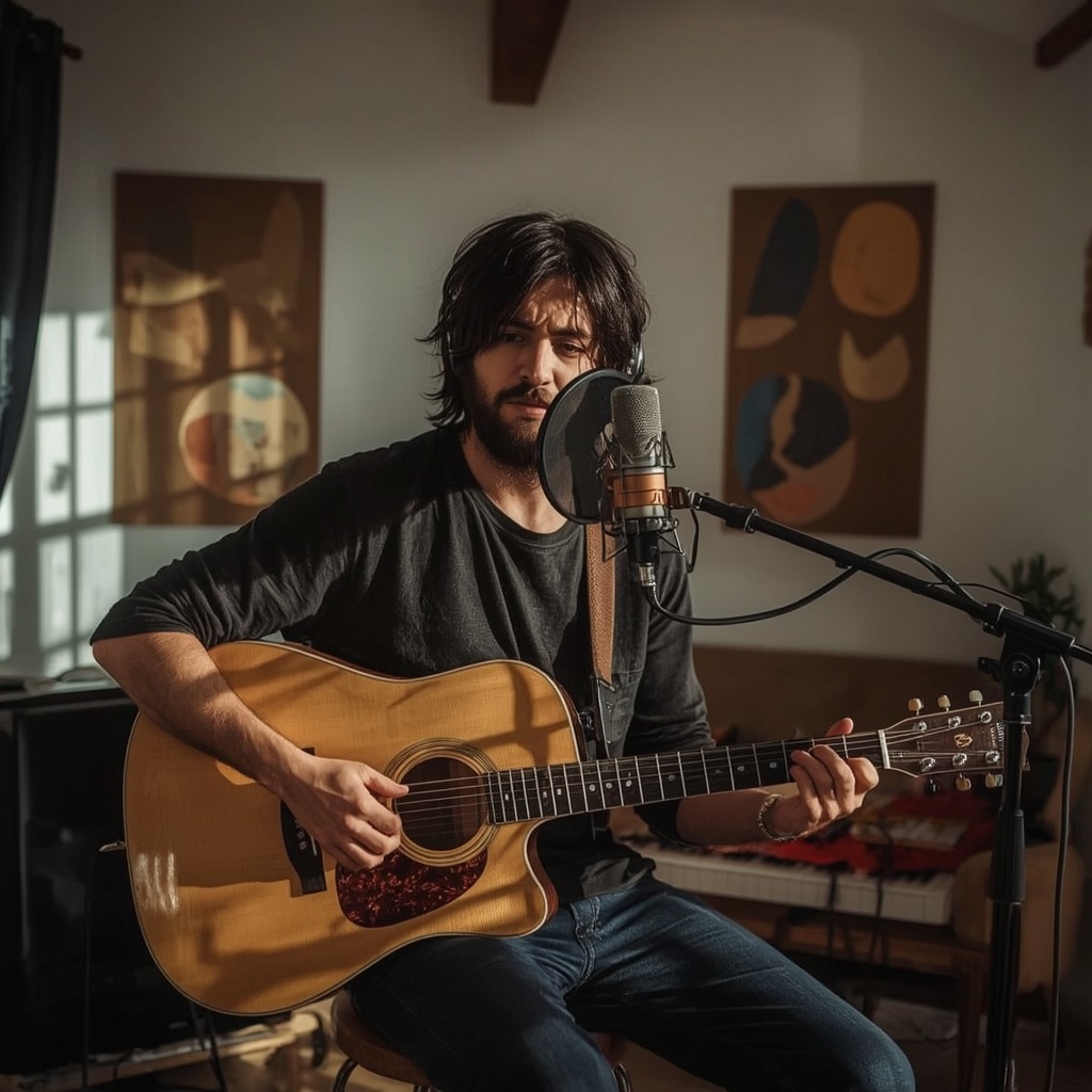 Artista em estúdio de gravação no Porto
