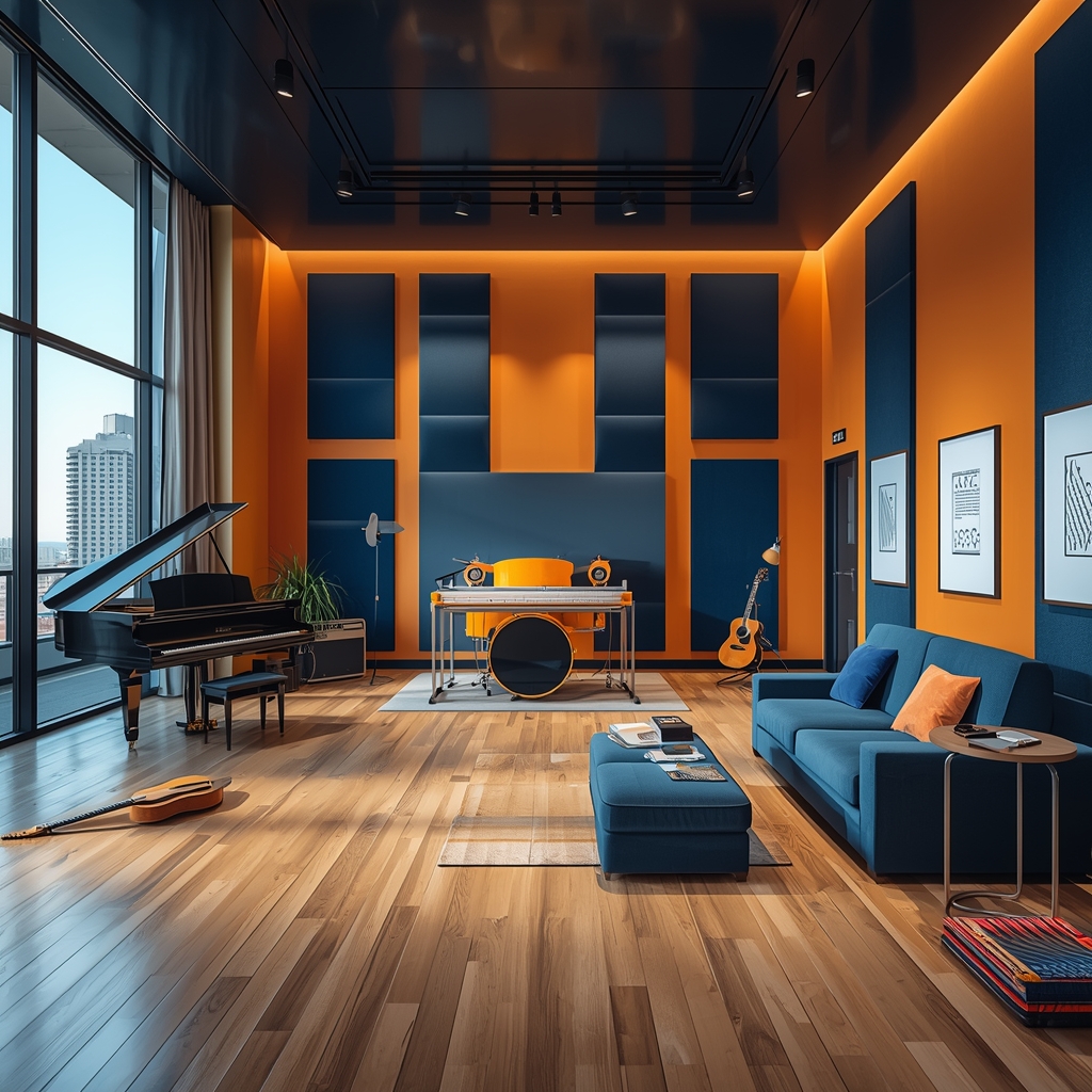 uma sala de estar com um piano e um piano