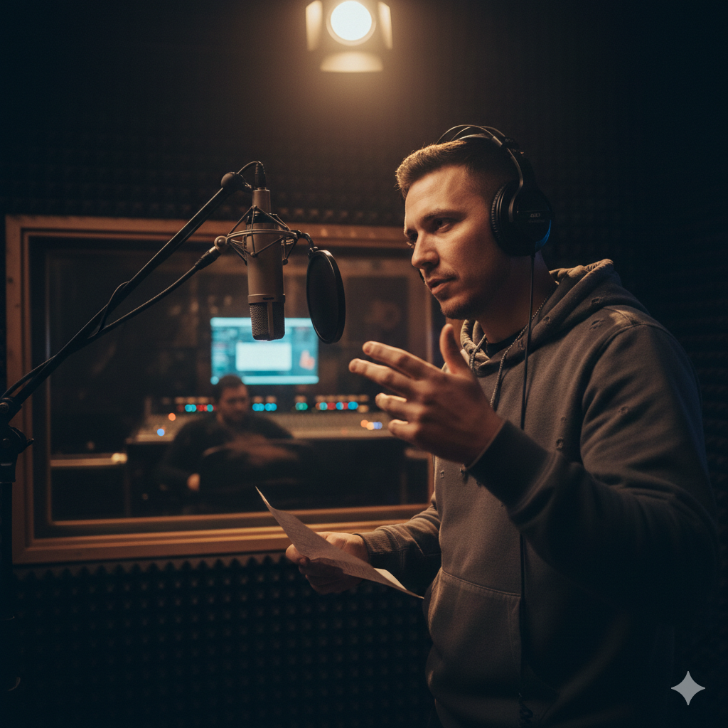 Rapper ouvindo música com fones em estúdio após finalizar produção musical