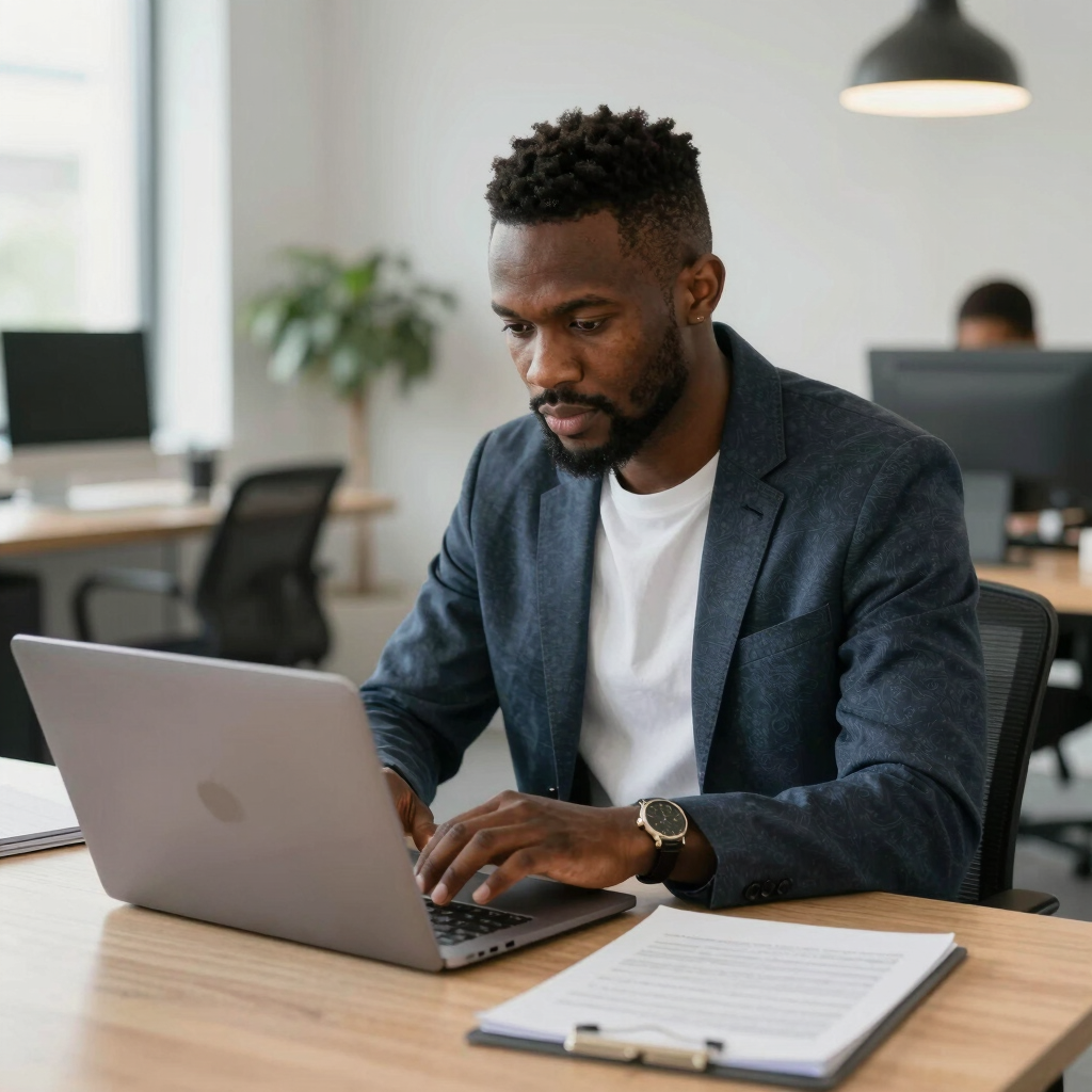 A professional male influencer reviewing campaign details on a laptop in a modern office.