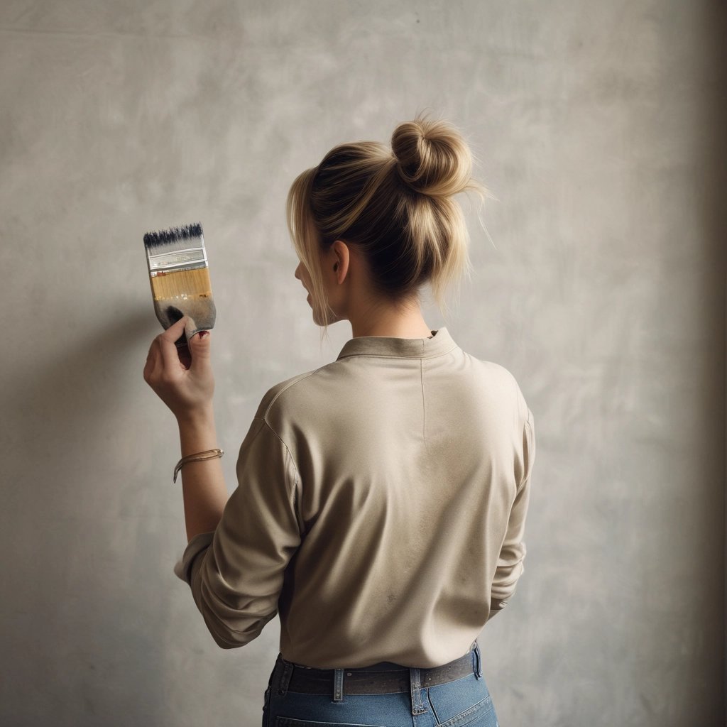 A confident young woman painting a cozy living room wall, surrounded by fresh plants and renovation tools.