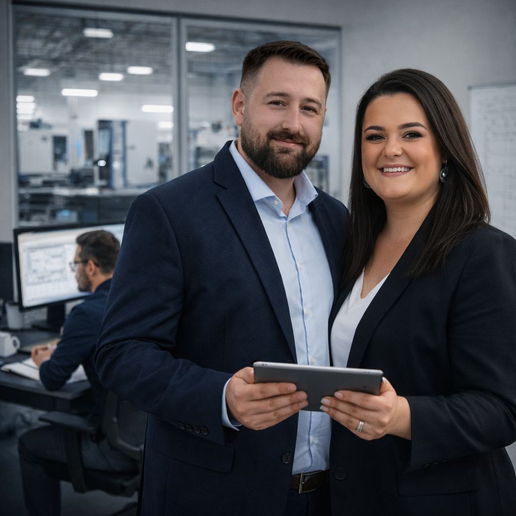 Smiling business professionals in suits using a digital tablet in a modern office.