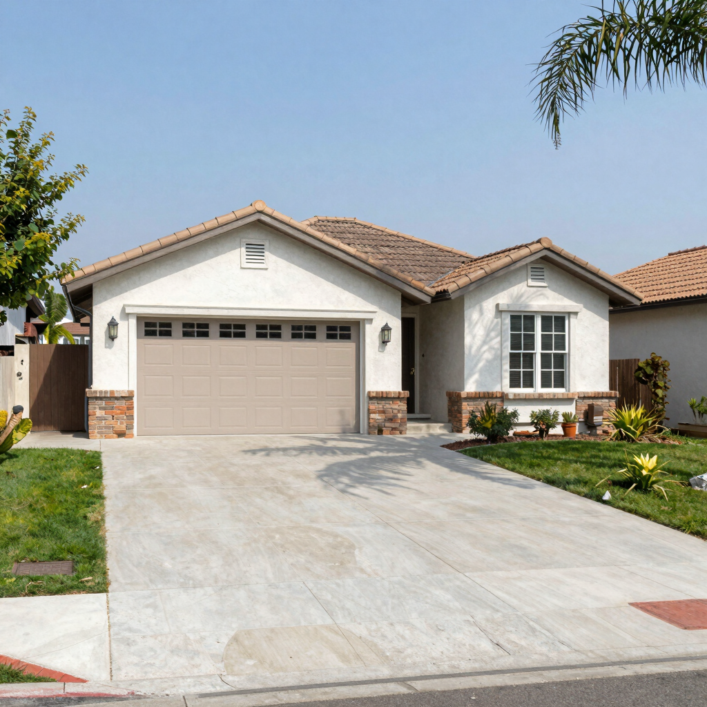 A clean driveway with ample space around a parked car ready for service.