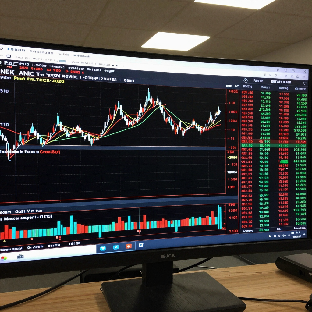 A vibrant trading dashboard glowing with neon purple and cyan highlights against a dark glassmorphic background.