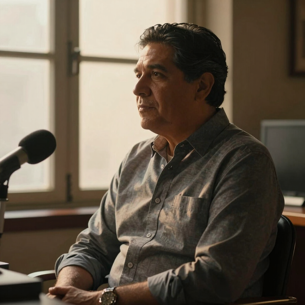 A cozy radio studio with microphones and glowing soundboards, capturing the essence of live bilingual broadcasting.