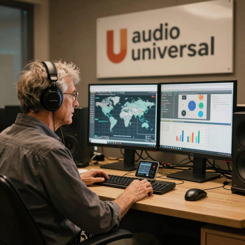 A sleek TV screen displaying the audio universal channel interface.