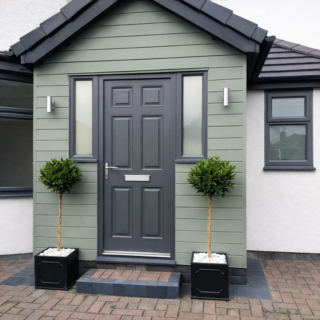 A bespoke modern porch in Portslade, built with a dark grey door, sage green horizontal cladding, and outdoor lighting.