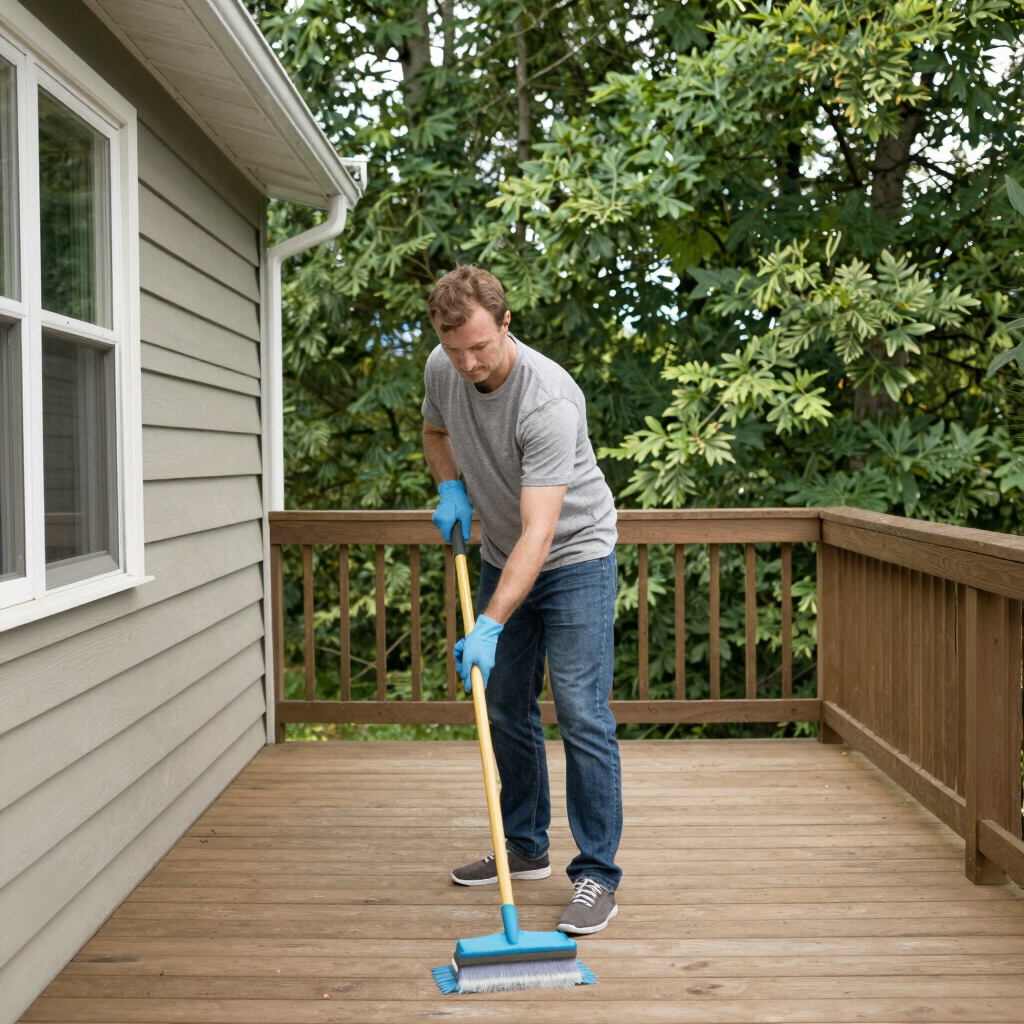 A woman wearing gloves uses a brush to sweep and clean a wooden outdoor deck.