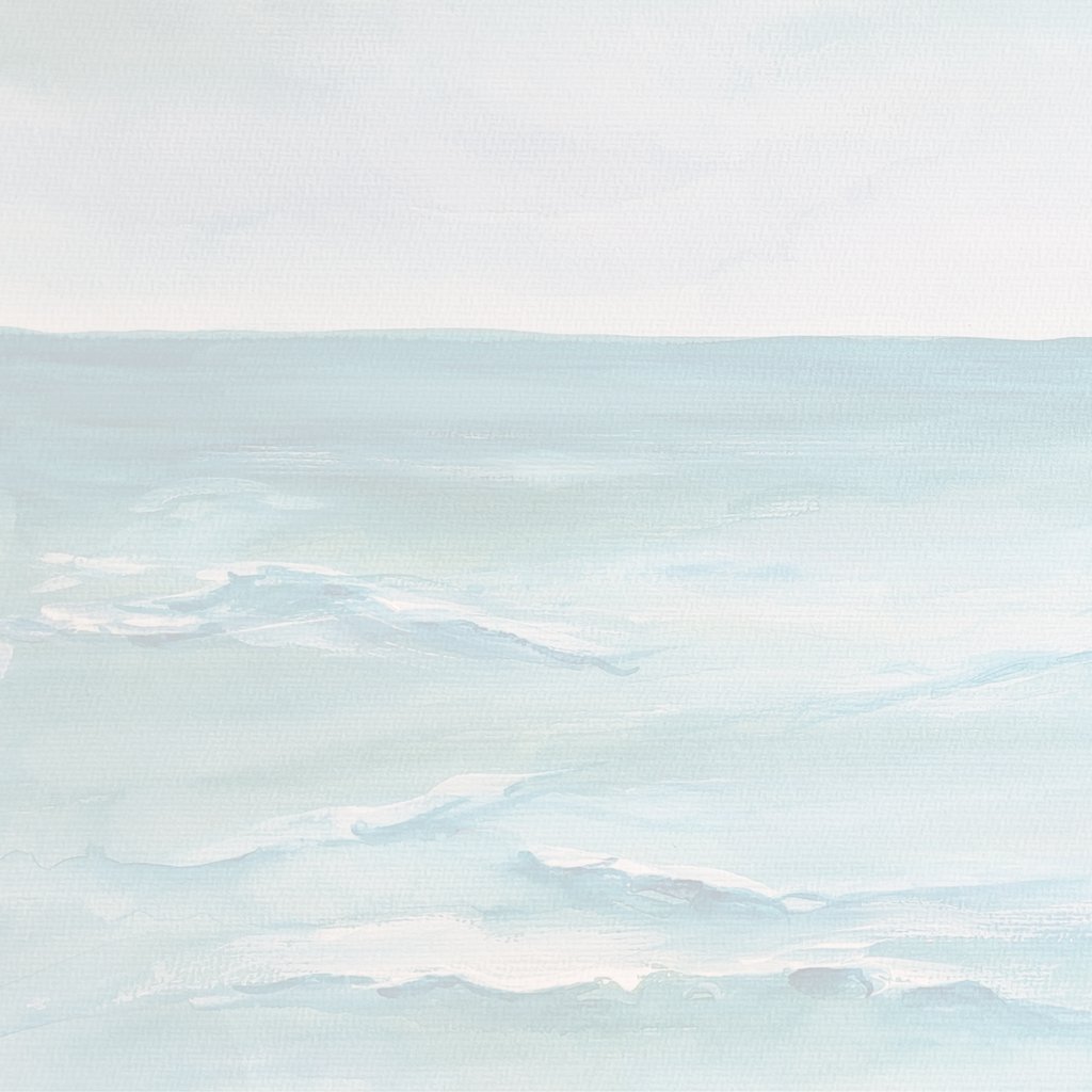 Minimalistisches abstraktes Meeresgemälde mit sanften blauen Wellen und einer hellen Horizontlinie.