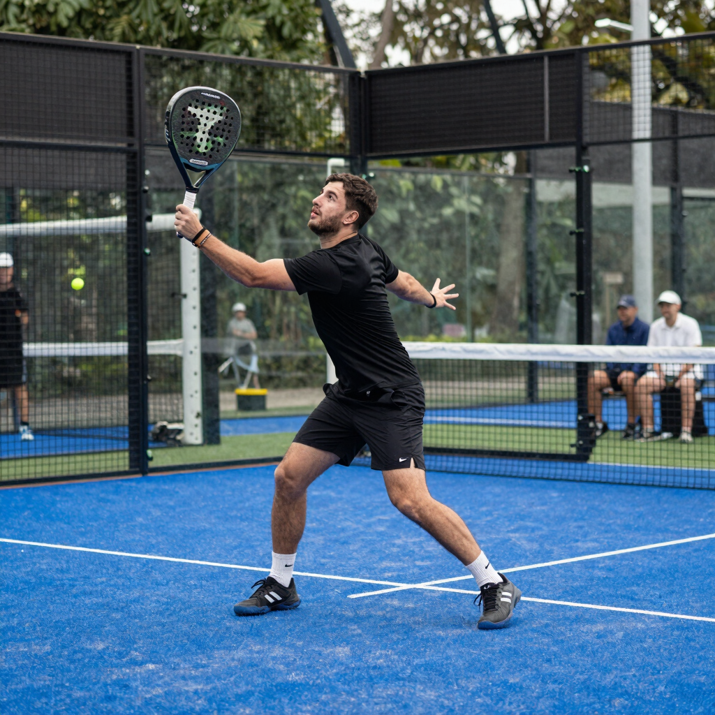 A lively padel tournament with players celebrating and spectators enjoying the match