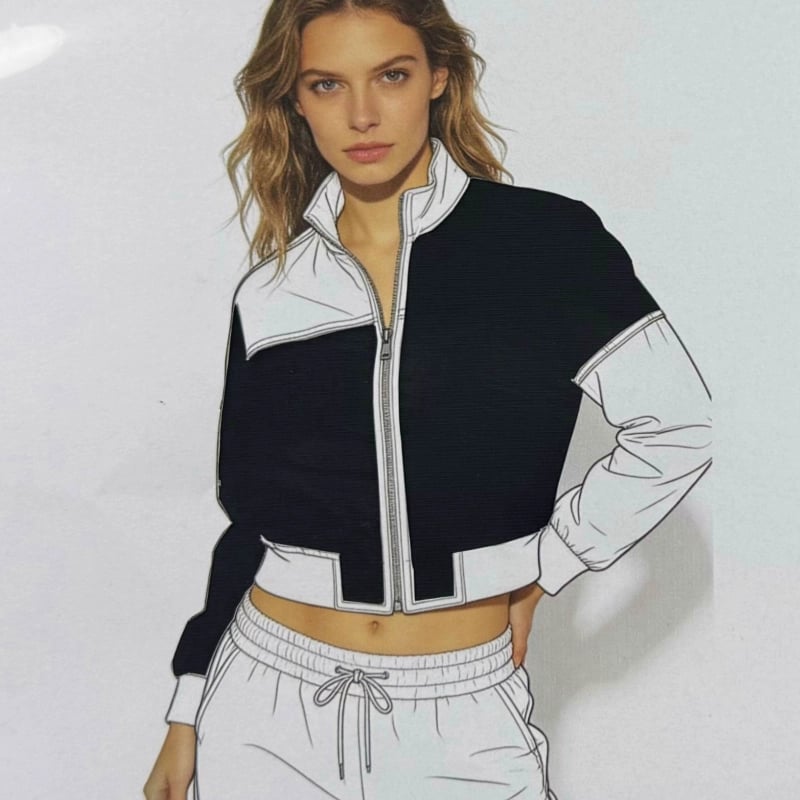 Woman in a cropped bomber-jacket fashion sketch.