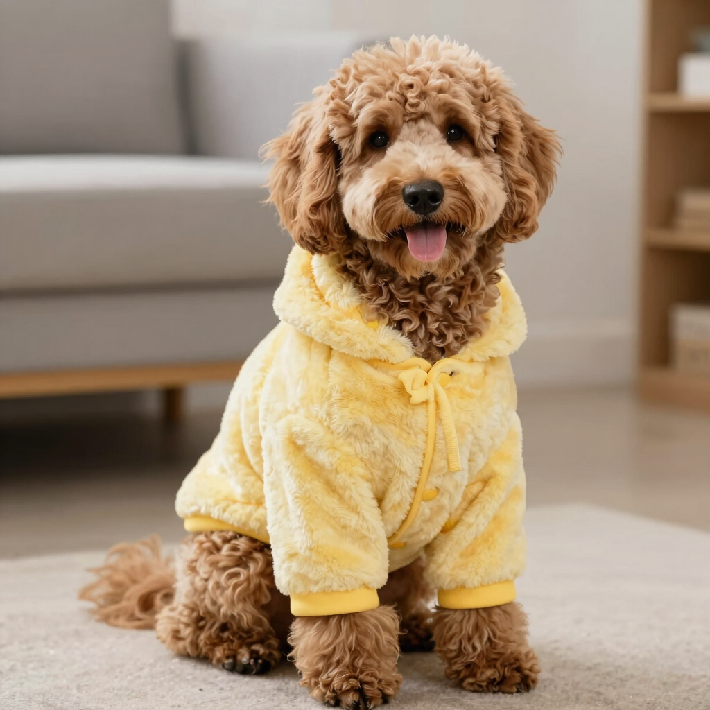 perro goldendoodle con chamarra amarilla