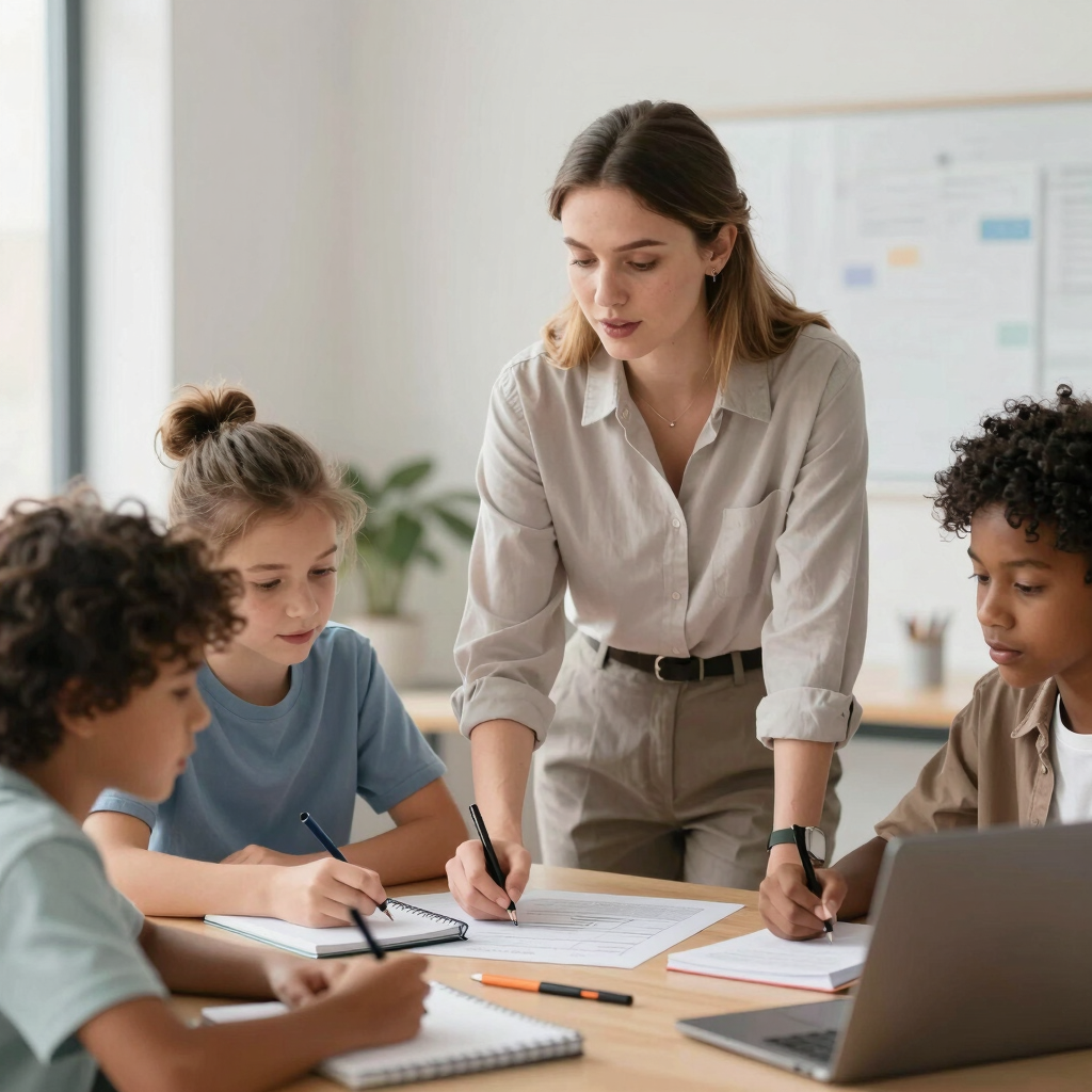 A warm, inviting classroom scene with a tutor engaging attentively with a diverse group of students.