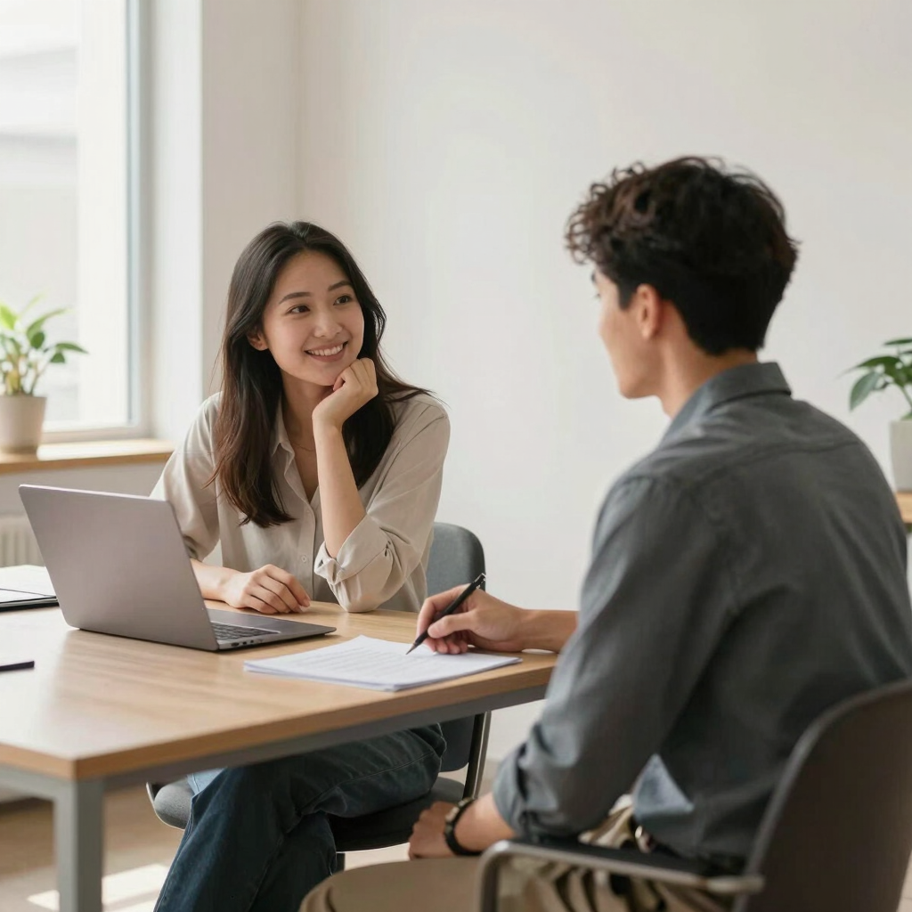 A friendly loan officer discussing mortgage options with a young couple in a cozy living room.