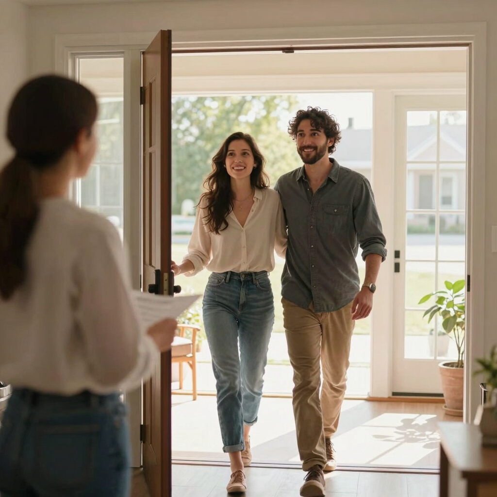 A friendly loan officer discussing mortgage options with a young couple in a cozy living room.