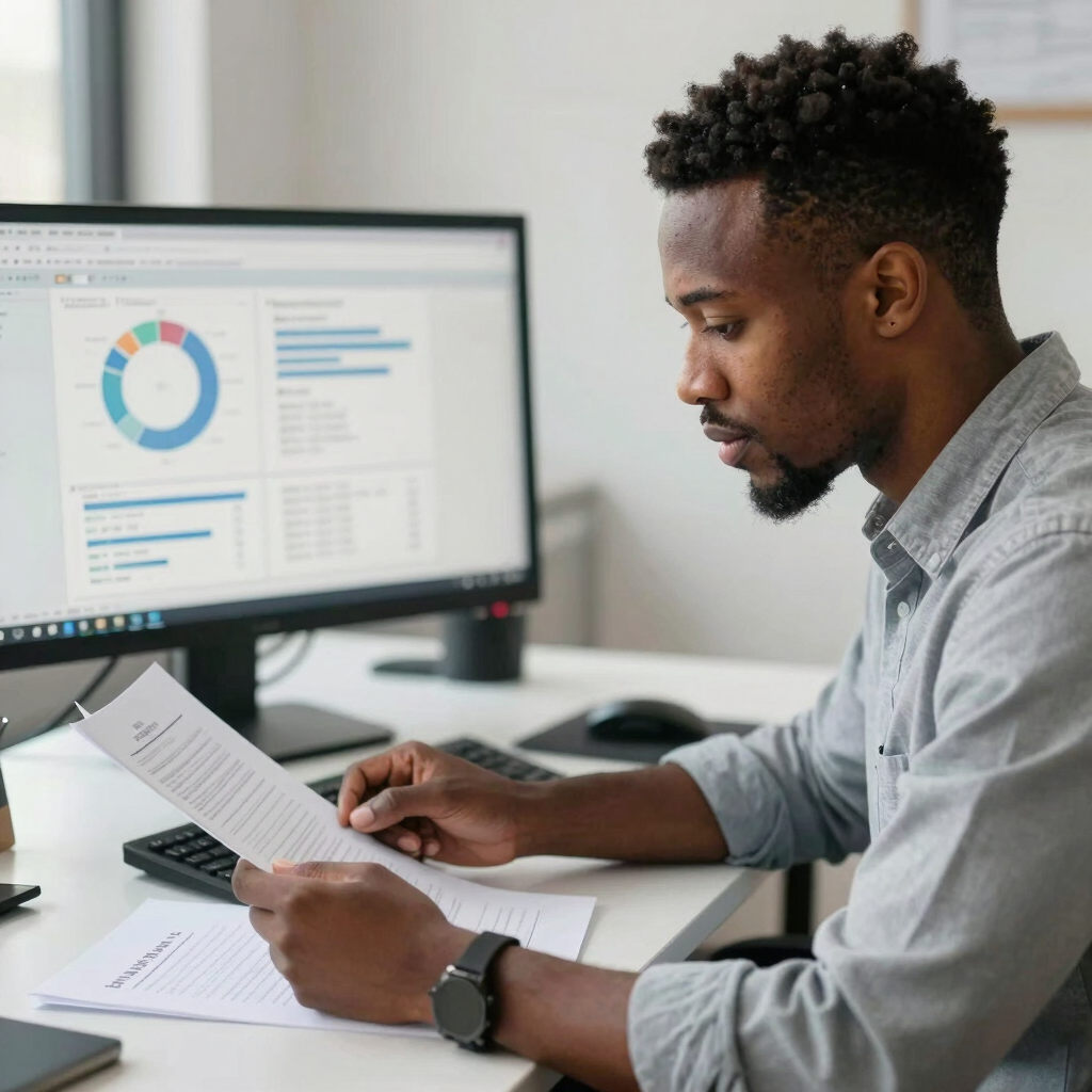 A friendly loan officer discussing mortgage options with a young couple in a cozy living room.
