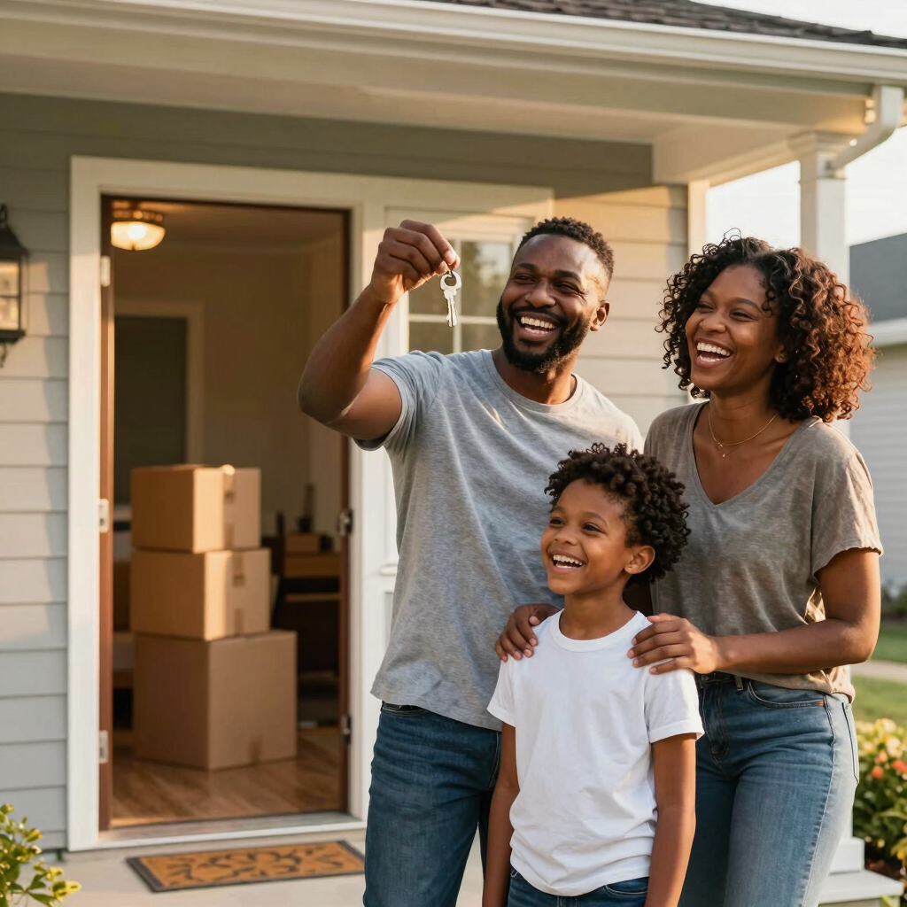 A friendly loan officer discussing mortgage options with a young couple in a cozy living room.