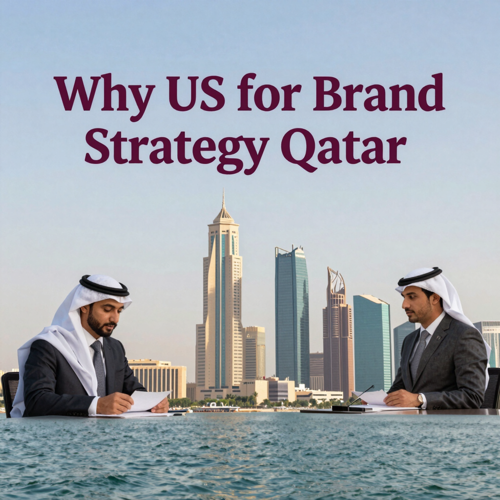 Businessmen discussing brand strategy in Qatar with the Doha skyline background.