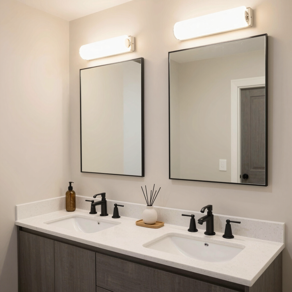 Spa-inspired bathroom featuring matte fixtures and soft ambient lighting.