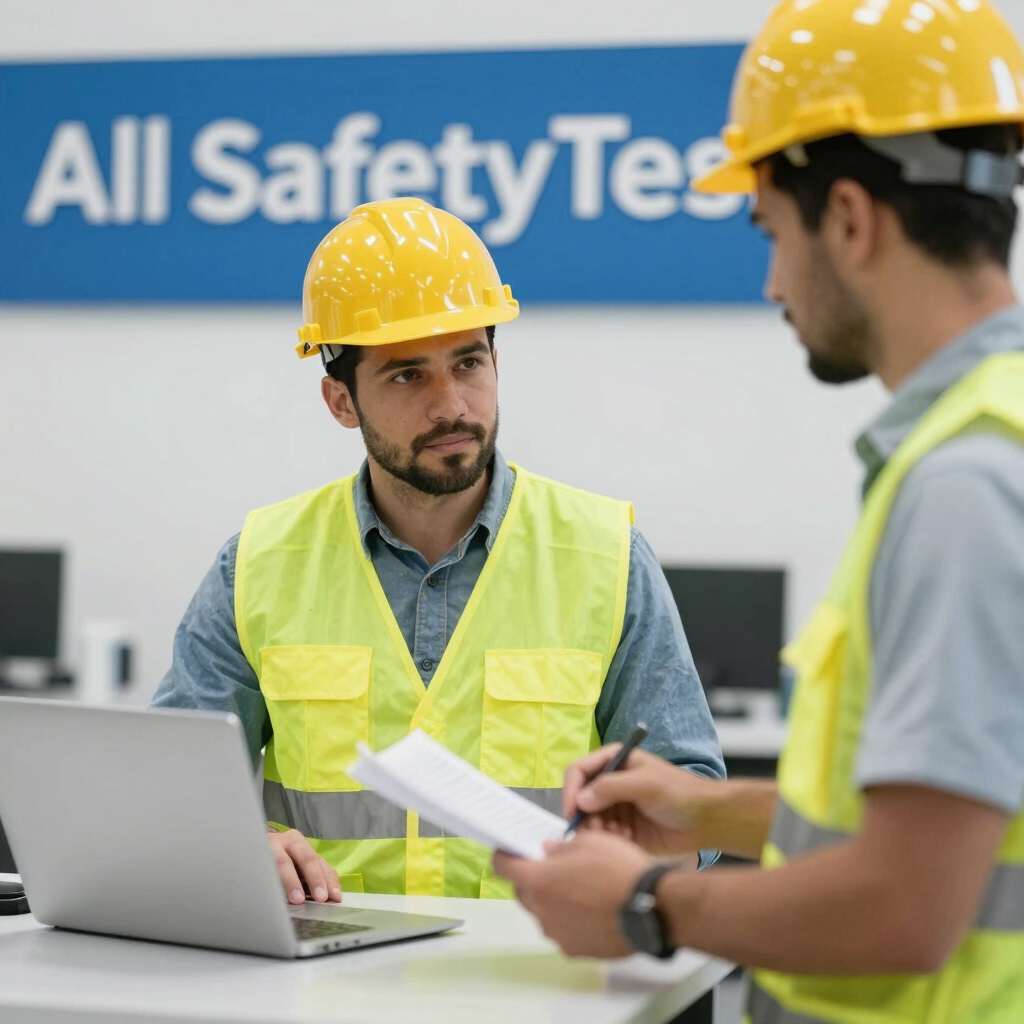 A technician carefully inspecting safety equipment in a bright, organized industrial setting.