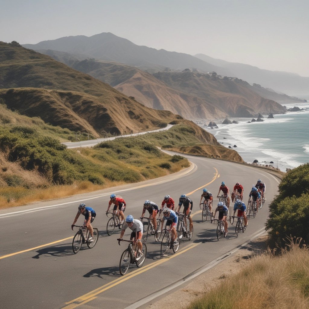 A group of triathletes training together on a sunny day, cycling and running along a scenic trail.