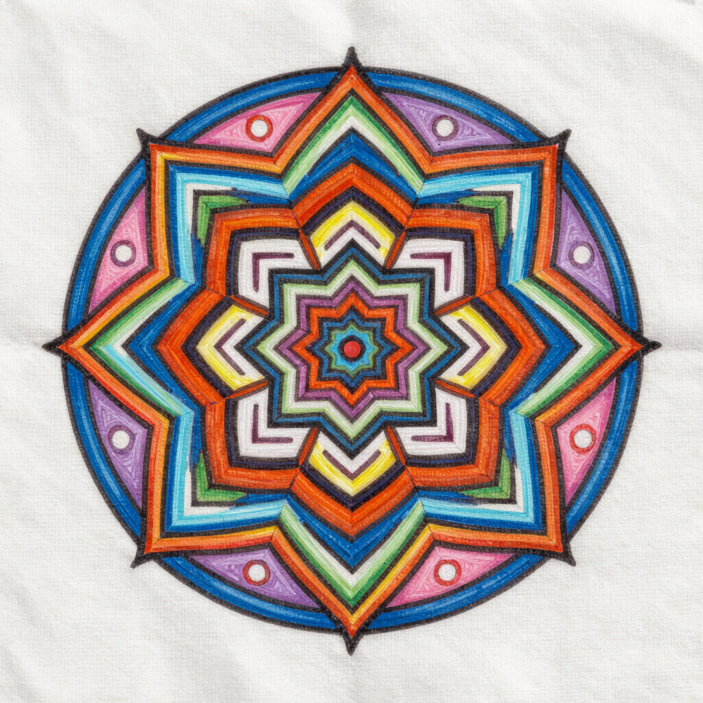 Uma mandala colorida em forma de pétalas e estrelas com um círculo no centro.