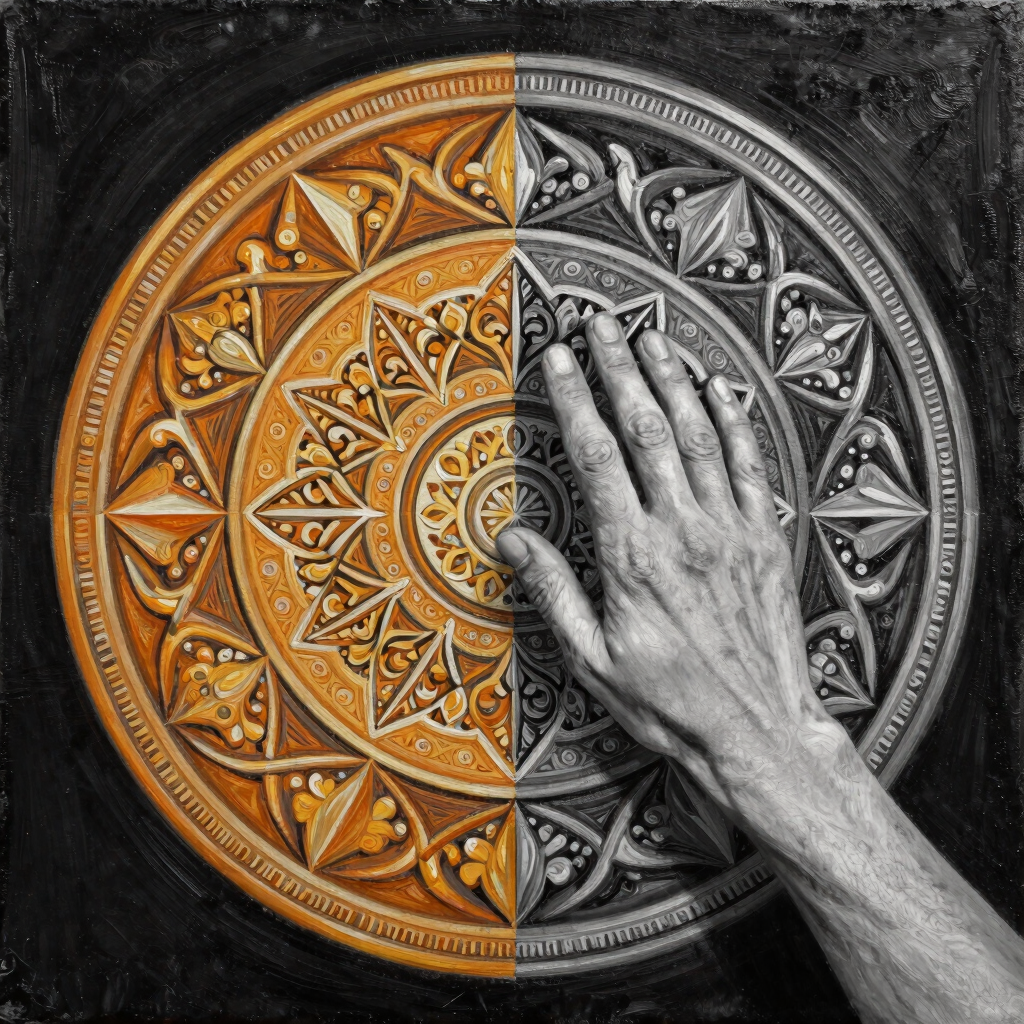 Uma mandala tem a metade colorida e a outra metade em preto e branco.