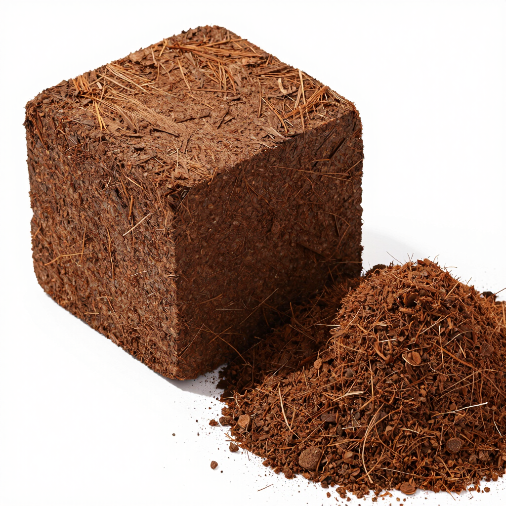 Close-up of rich, moist cocopeat ready for planting in a greenhouse setting.