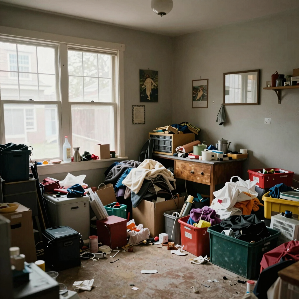 A cluttered room filled with piles of clothing, storage bins, and boxes needing professional hoarding cleanup services.
