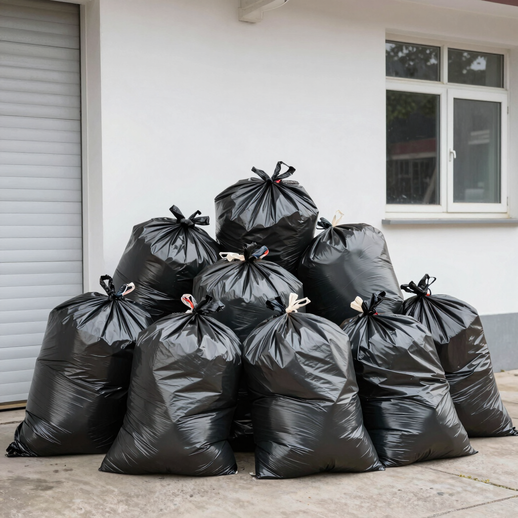 Pile of heavy duty black plastic trash bags full of waste stacked outside a garage.