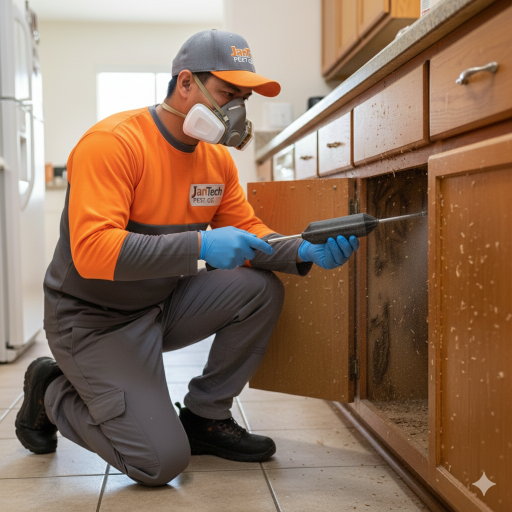 Professional pest control technician wearing a respirator mask treating kitchen cabinets for insects.