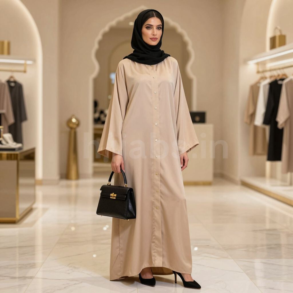 Elegant hijabi model draped in a deep plum abaya with gold arabesque details, posed against a royal purple gradient backdrop with subtle Islamic geometric patterns.