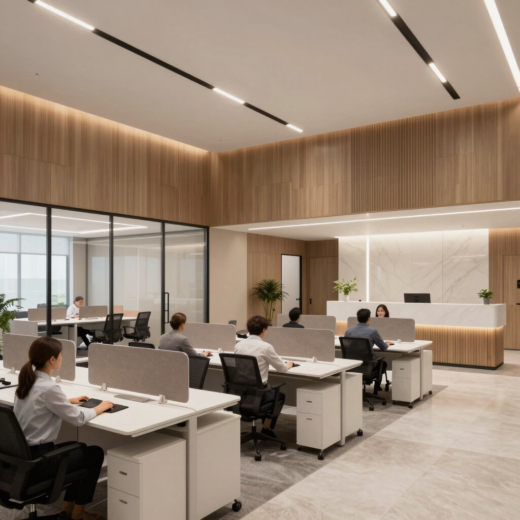 A luxury commercial office lounge with mid-century modern furniture and glass partitions. The space uses a palette of grey and black with soft off-white walls, showcasing a professional North American workplace.