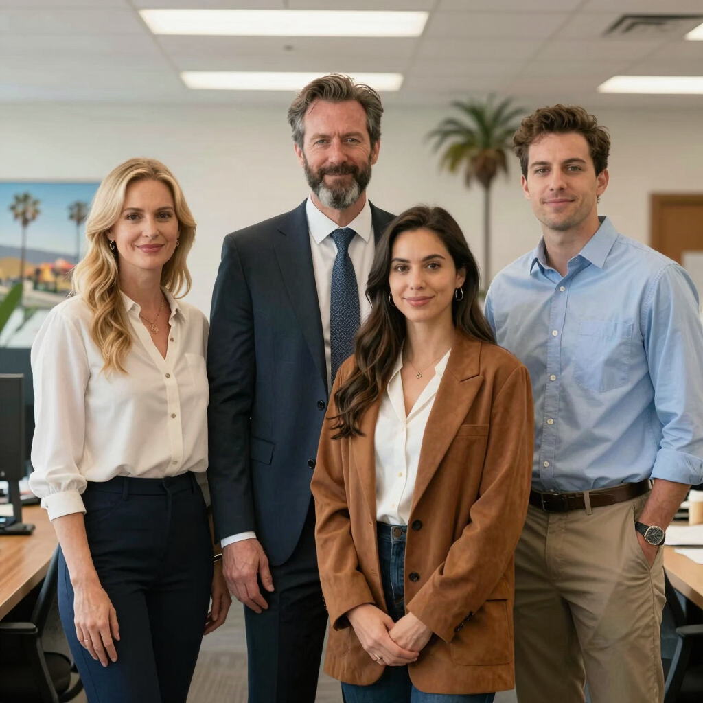 A warm group photo of the entire team standing together in the office, smiling and approachable.