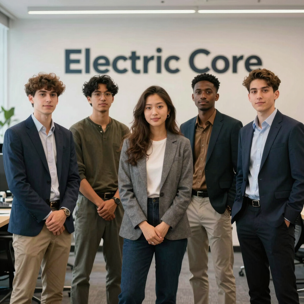 A warm group photo of the entire team standing together in the office, smiling and approachable.