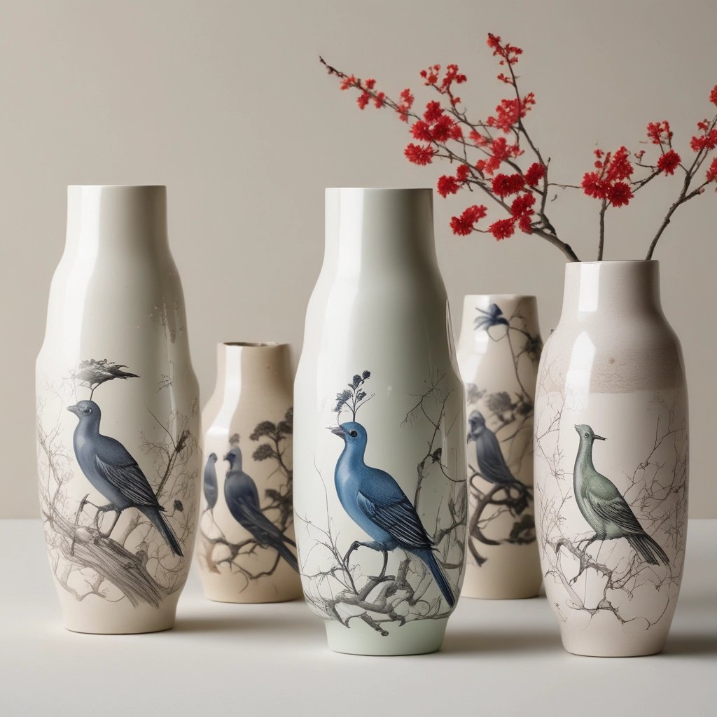 a group of vases with birds on them
