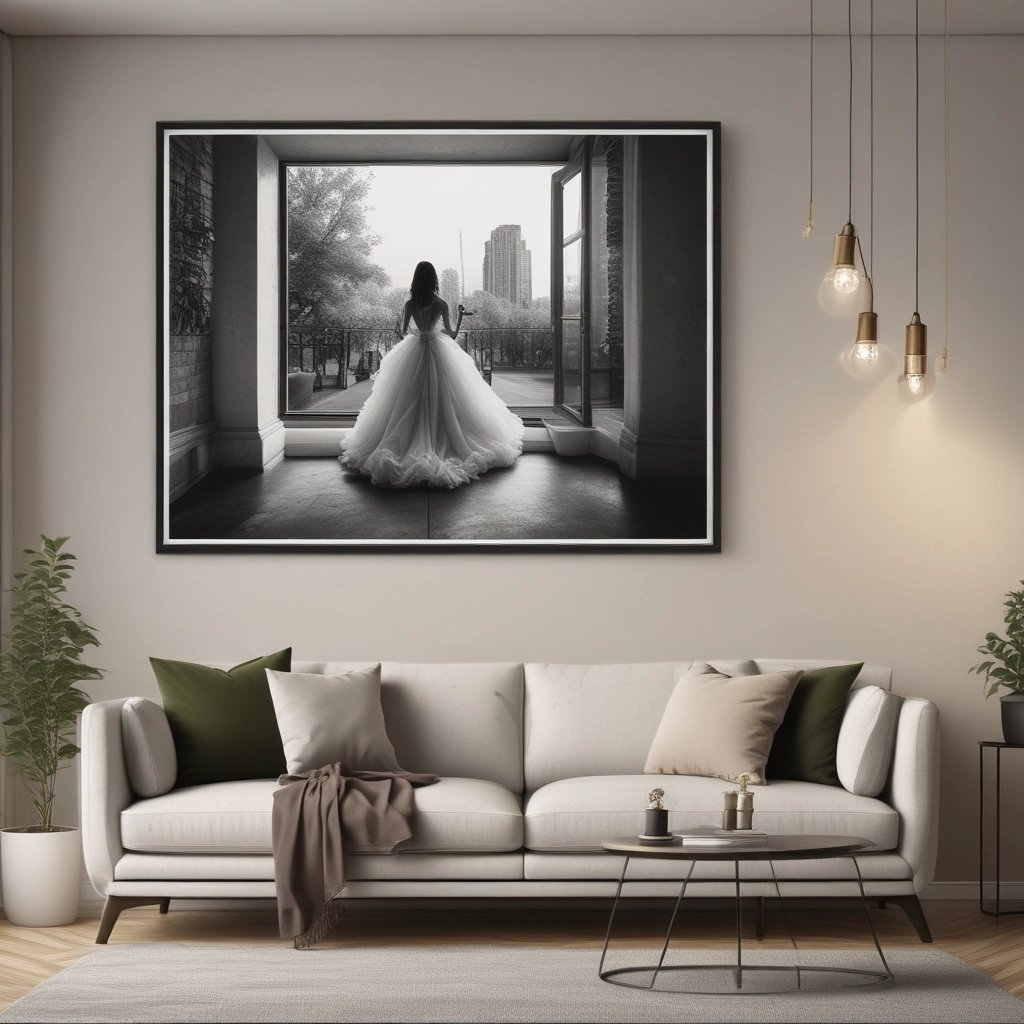 quinceanera in a white dress is standing in front of a large picture frame