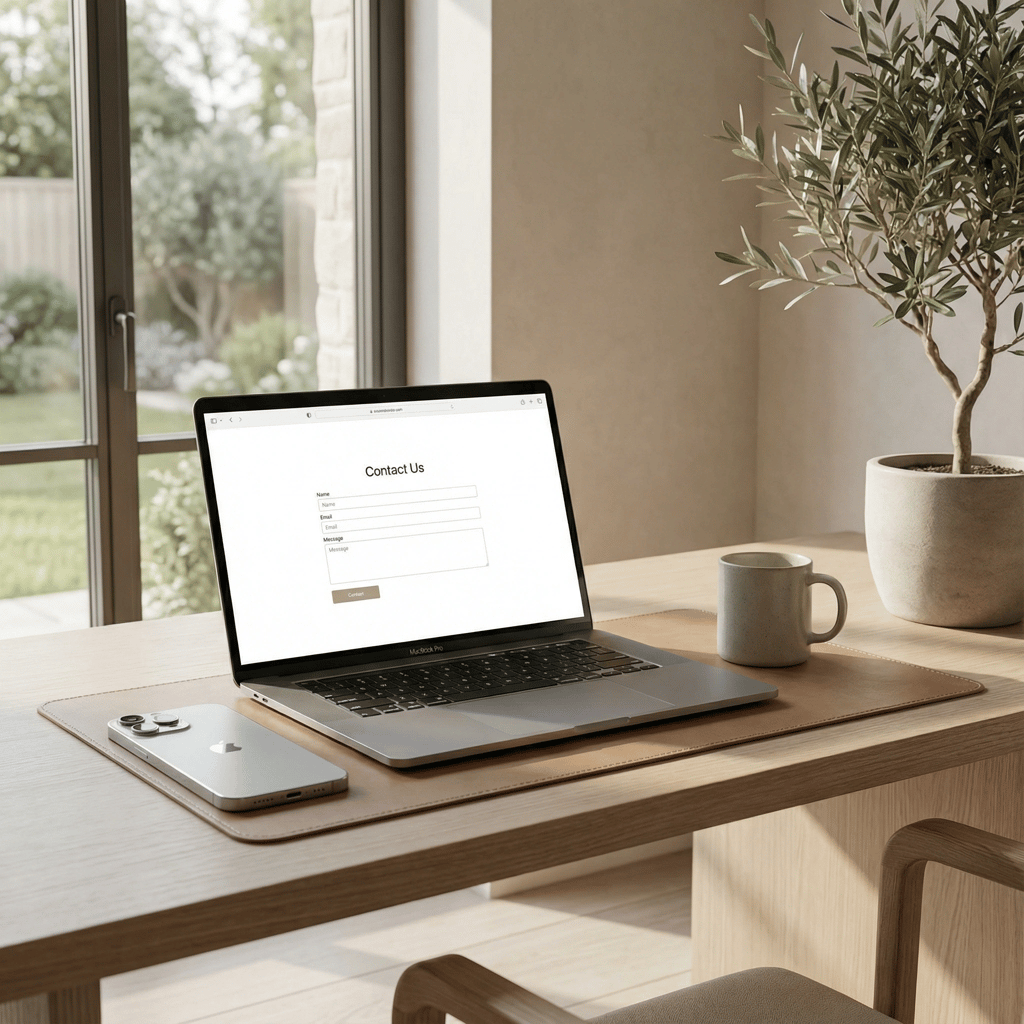 laptop screen shows a clean contact form interface.