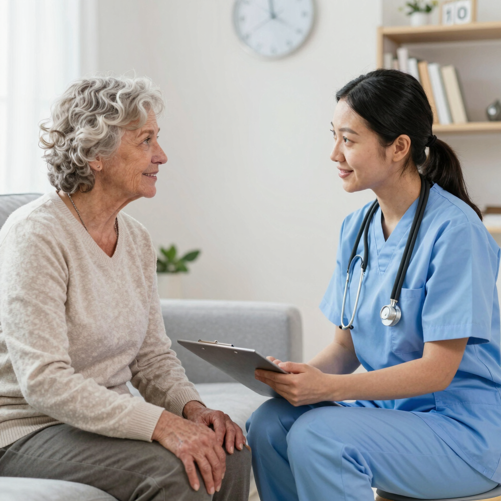 A smiling nurse in blue scrubs consulting with an elderly woman patient during a home healthcare visit.