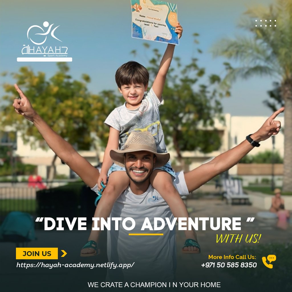 A young boy celebrates his swimming certificate while sitting on his father's shoulders at Hayah Sport Academy.