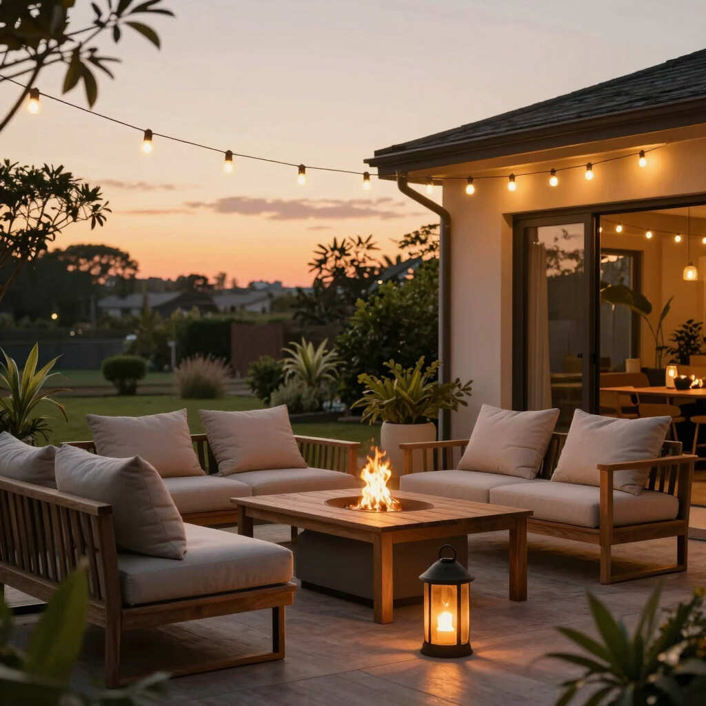 Soft glowing ambient lights hanging above a minimalist patio setting with natural wood furniture.