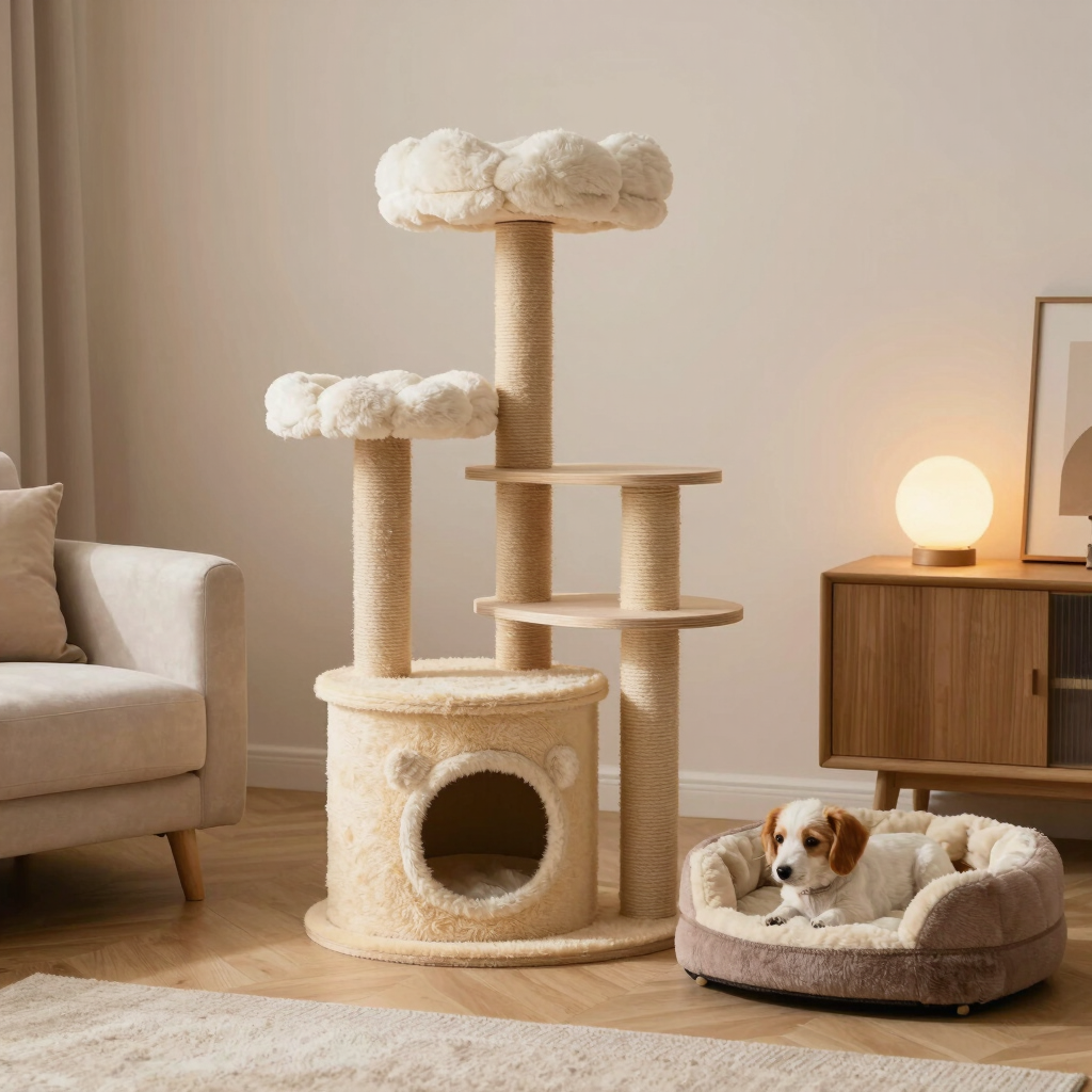 A cozy pet nook with plush cushions and warm lighting in a small living space.