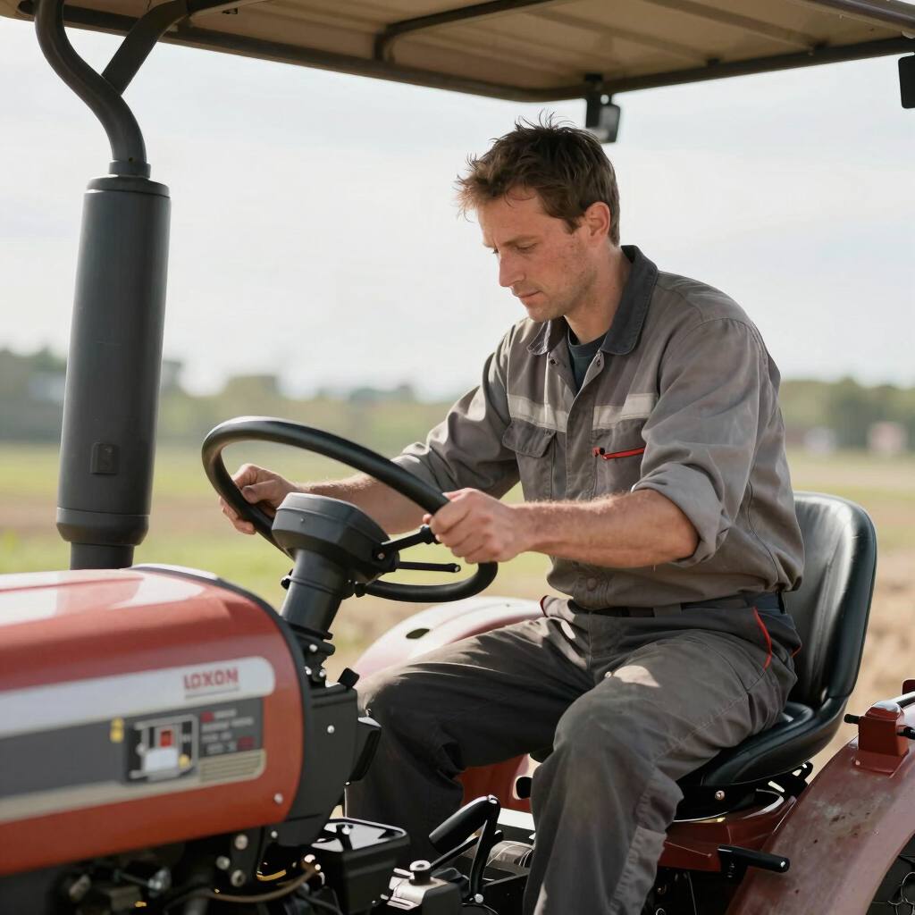 Two white mechanics in black gloves repairing a car engine outdoors near a green farm field.