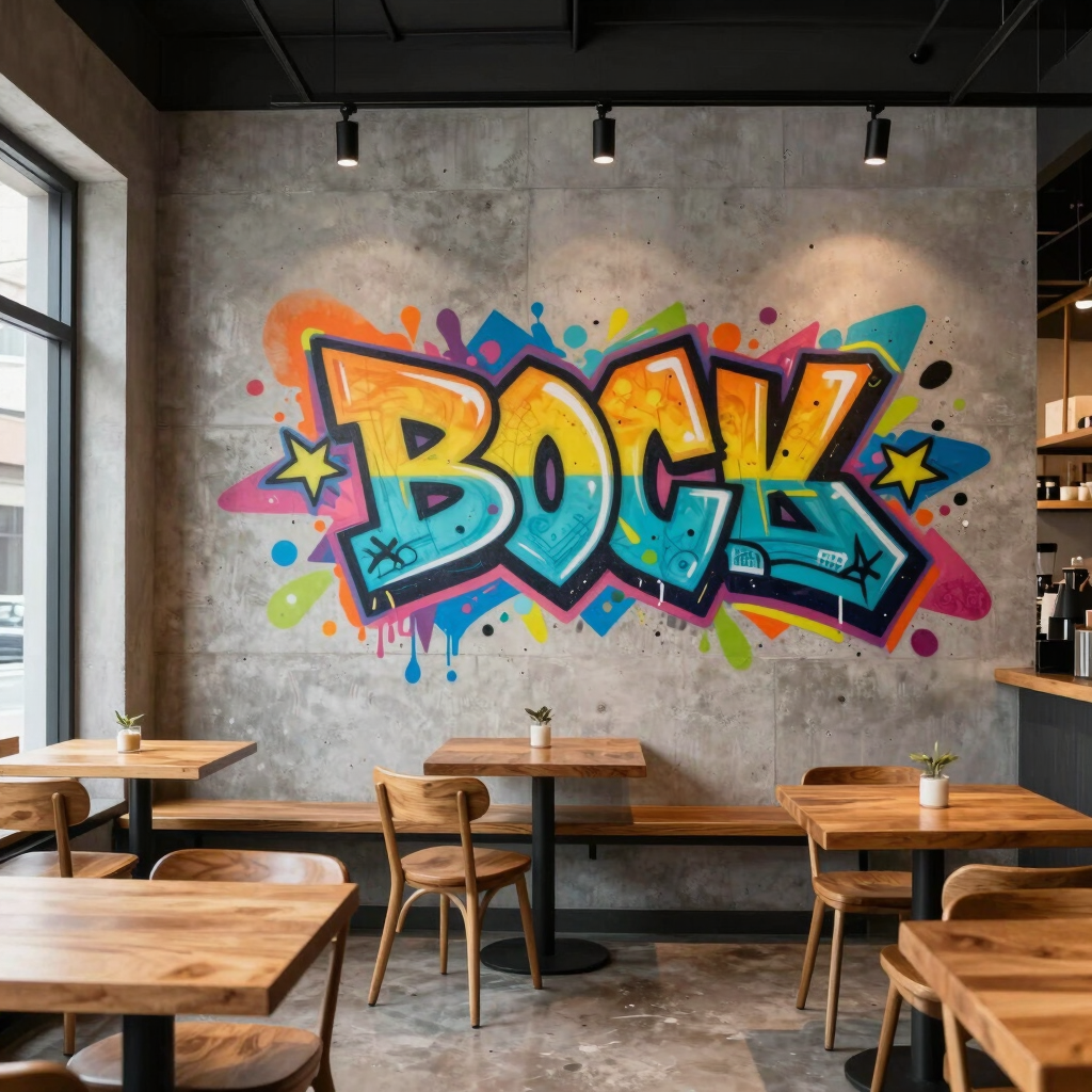 Vibrant custom graffiti wall mural inside a modern cafe interior designed by Kiroula Arts