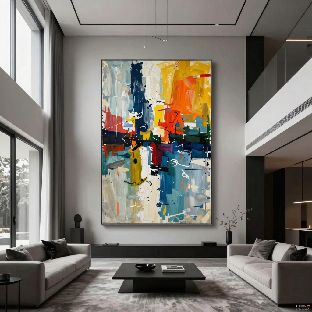 Bespoke large-scale abstract canvas painting in a luxury minimalist living room by Kiroula Arts