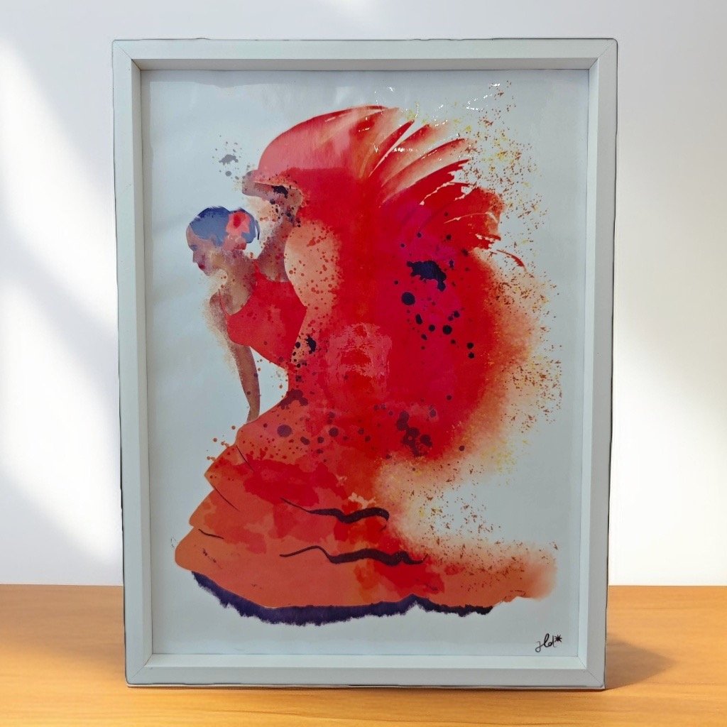 Affiche encadrée colorée d'une danseuse en rouge de Flamenco