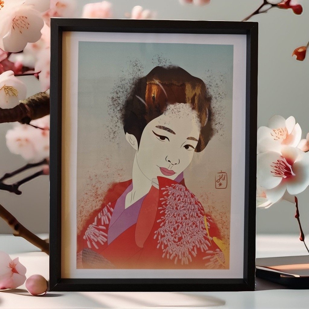 Affiche illustrée minimaliste d'un portrait d'une japonaise, en habit rouge à motif à fleurs et cheveux noirs