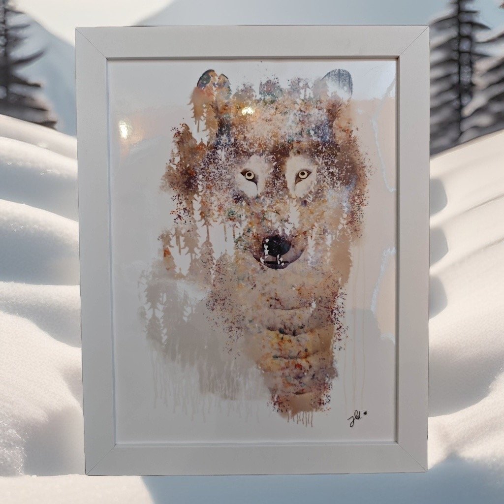 Affiche encadrée aquarelle d'un loup coloré, qui regarde droit devant avec des yeux perçants