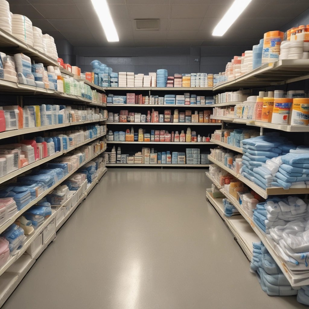 Stack of colorful disposable gloves and masks displayed on a wooden table
